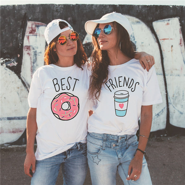 Showtly Fashion women Best friends t-shirt Cartoon Coffee Doughnut Letter print female T-shirt Friends Gift tshirt Hot sale Top - Viva Shirt