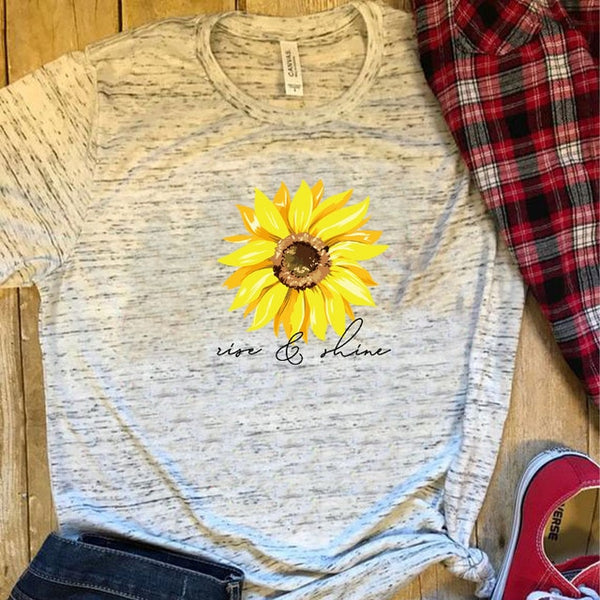 Sun Flower Letter Print T-shirt Short Sleeve Round Neck Slim Fit Cute Girl's Tshirts Tees & Tops Summer 2019 Gift for Girlfriend - Viva Shirt