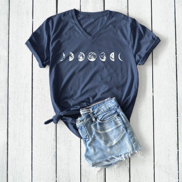 WEPBEL Summer Fashion Moon Phases Printed Shirt T-shirt Ladies Casual Short Sleeve V-neck Tee Tops - Viva Shirt