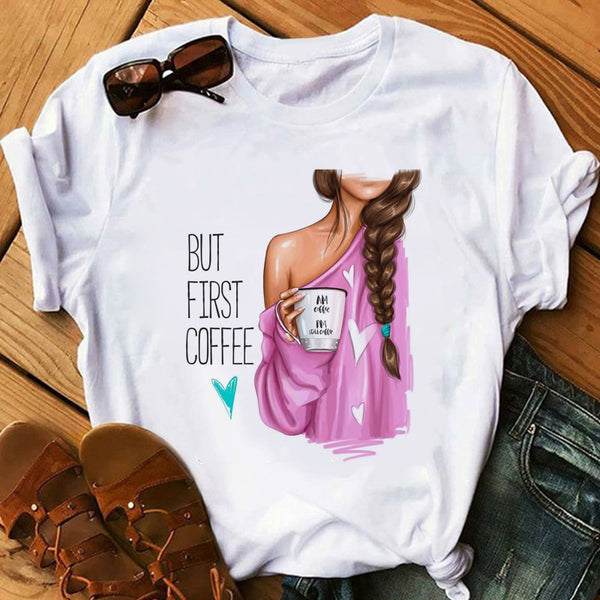 zh Women T Shirt Female Vogue White T-Shirts Harajuku Tee Shirt Summer Short Sleeve Tops Girl's Gift BUT FIRST COFFEE - Viva Shirt