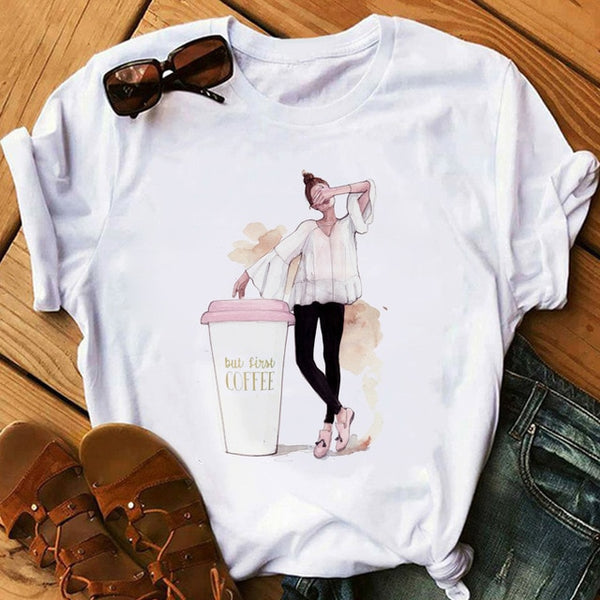 zh Women T Shirt Female Vogue White T-Shirts Harajuku Tee Shirt Summer Short Sleeve Tops Girl's Gift BUT FIRST COFFEE - Viva Shirt