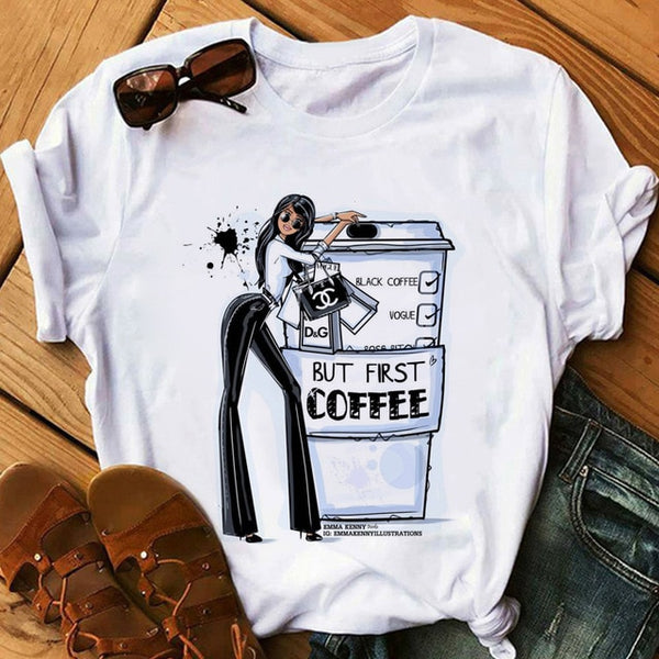 zh Women T Shirt Female Vogue White T-Shirts Harajuku Tee Shirt Summer Short Sleeve Tops Girl's Gift BUT FIRST COFFEE - Viva Shirt