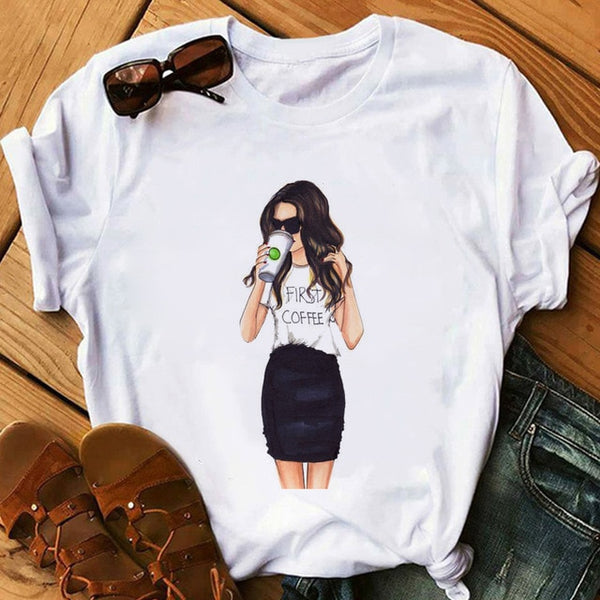 zh Women T Shirt Female Vogue White T-Shirts Harajuku Tee Shirt Summer Short Sleeve Tops Girl's Gift BUT FIRST COFFEE - Viva Shirt