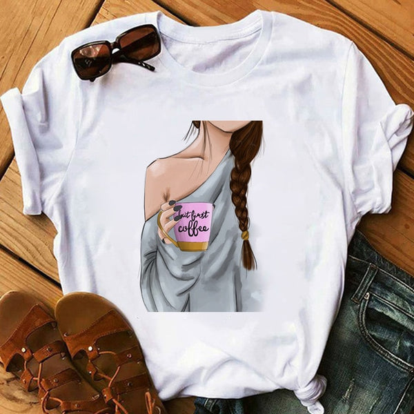 zh Women T Shirt Female Vogue White T-Shirts Harajuku Tee Shirt Summer Short Sleeve Tops Girl's Gift BUT FIRST COFFEE - Viva Shirt