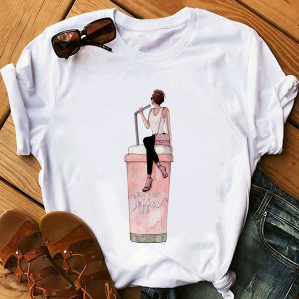 zh Women T Shirt Female Vogue White T-Shirts Harajuku Tee Shirt Summer Short Sleeve Tops Girl's Gift BUT FIRST COFFEE - Viva Shirt