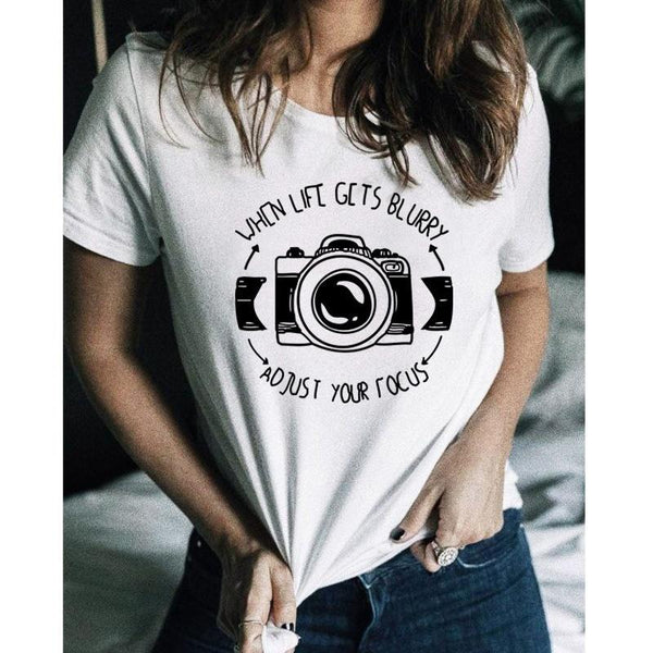 When Life Gets Blurry, Adjust Your Focus T-Shirt Photographer Gift Idea Camera T-Shirt Funny Humor White Tumblr Shirt Clothing - Viva Shirt