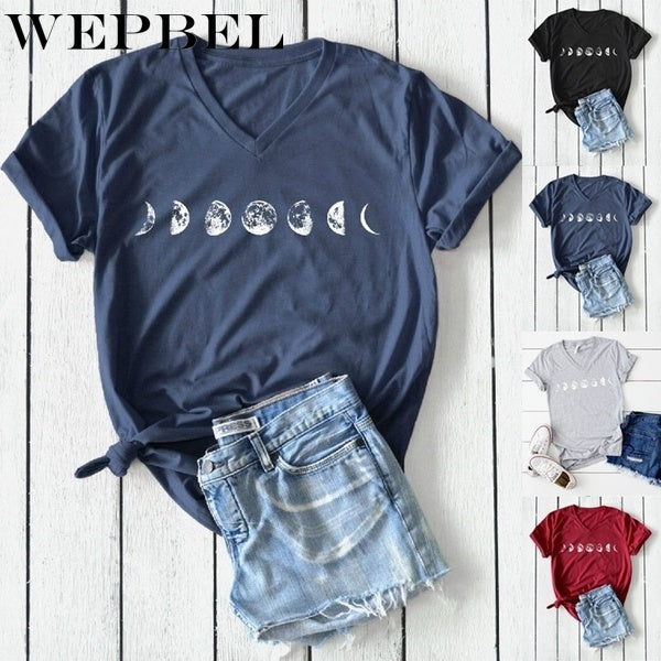 WEPBEL Summer Fashion Moon Phases Printed Shirt T-shirt Ladies Casual Short Sleeve V-neck Tee Tops - Viva Shirt