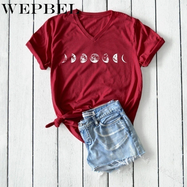 WEPBEL Summer Fashion Moon Phases Printed Shirt T-shirt Ladies Casual Short Sleeve V-neck Tee Tops - Viva Shirt