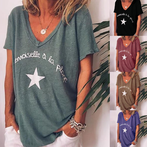 CALOFE Summer Women T Shirt Short Sleeve V Neck Letter Pentagram Print Tee Tops Female Fashion Loose Summer Cottom Clothes - Viva Shirt