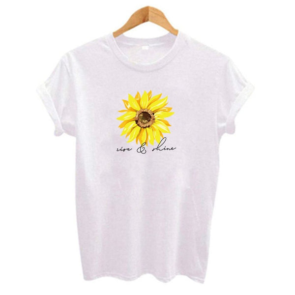 Sun Flower Letter Print T-shirt Short Sleeve Round Neck Slim Fit Cute Girl's Tshirts Tees & Tops Summer 2019 Gift for Girlfriend - Viva Shirt