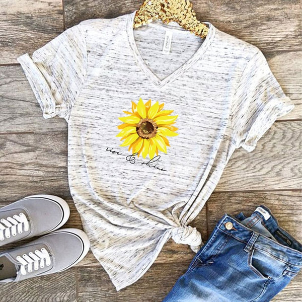 Sun Flower Letter Print T-shirt Short Sleeve Round Neck Slim Fit Cute Girl's Tshirts Tees & Tops Summer 2019 Gift for Girlfriend - Viva Shirt