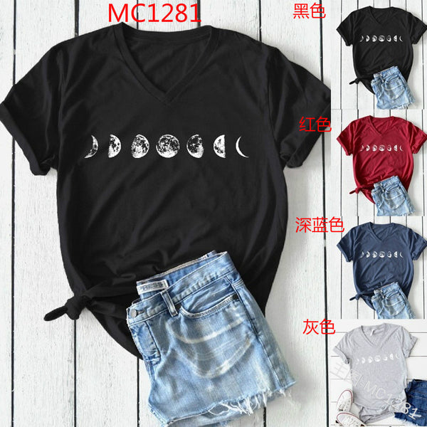 WEPBEL Summer Fashion Moon Phases Printed Shirt T-shirt Ladies Casual Short Sleeve V-neck Tee Tops - Viva Shirt