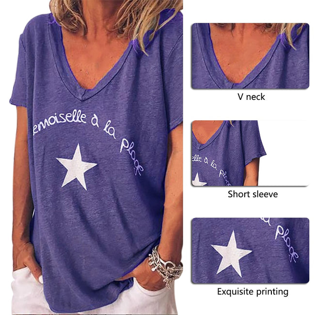 CALOFE Summer Women T Shirt Short Sleeve V Neck Letter Pentagram Print Tee Tops Female Fashion Loose Summer Cottom Clothes - Viva Shirt