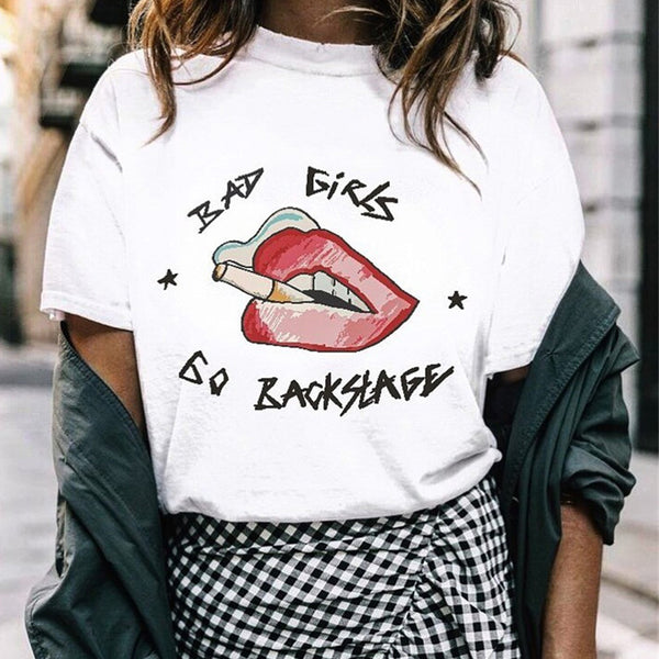 Fashion Home Printed Short Sleeve Gift Party Large Size Round Neck Women T Shirt Smoking Lips Shaped Casual Summer Eye Catching - Viva Shirt