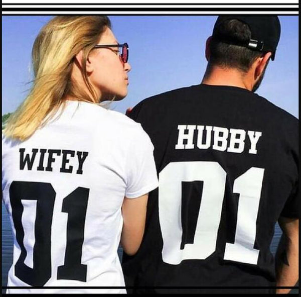 wifey and hubby 01 Couples T-Shirt Tumblr Slogan Honeymoon Romance Love Marriage Tees Couples Gifts Clothing Trendy Match Tops - Viva Shirt