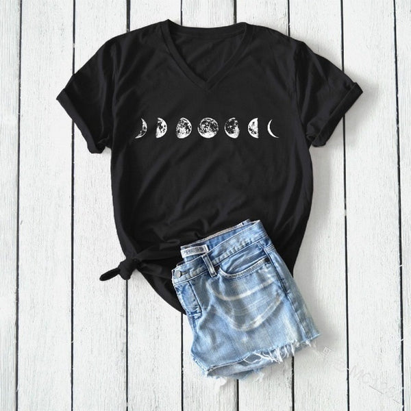WEPBEL Summer Fashion Moon Phases Printed Shirt T-shirt Ladies Casual Short Sleeve V-neck Tee Tops - Viva Shirt